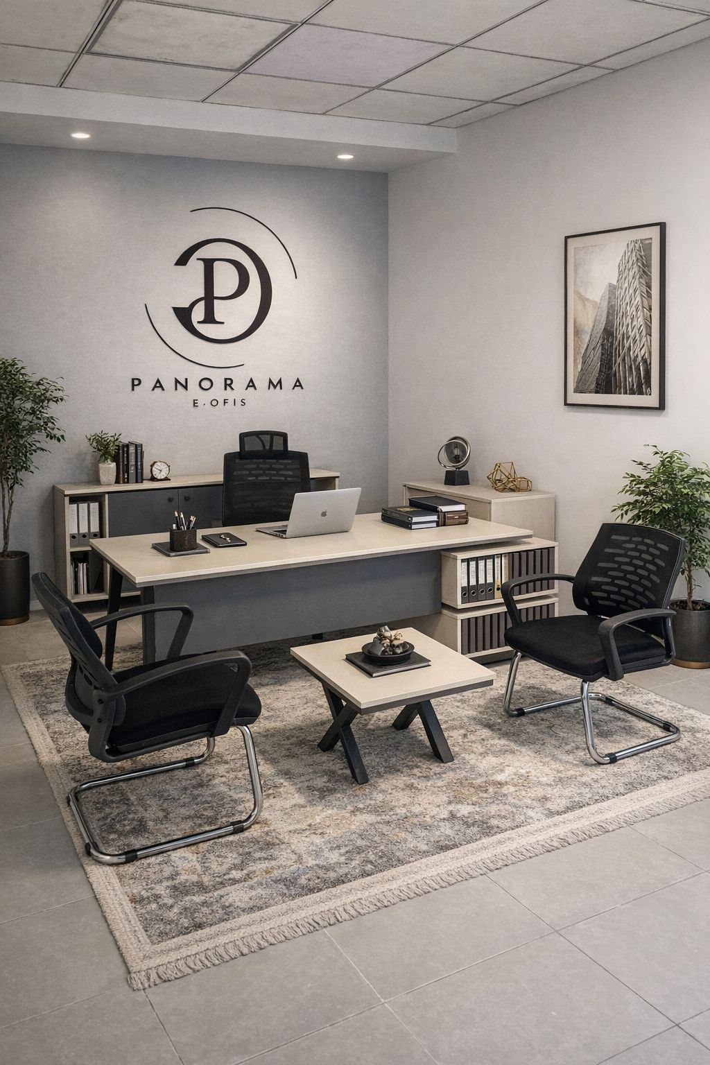 Panorama E-Ofis karşılama ofisi; duvarda kabartma Panorama E-Ofis logosu, çalışma masası ve misafir koltukları