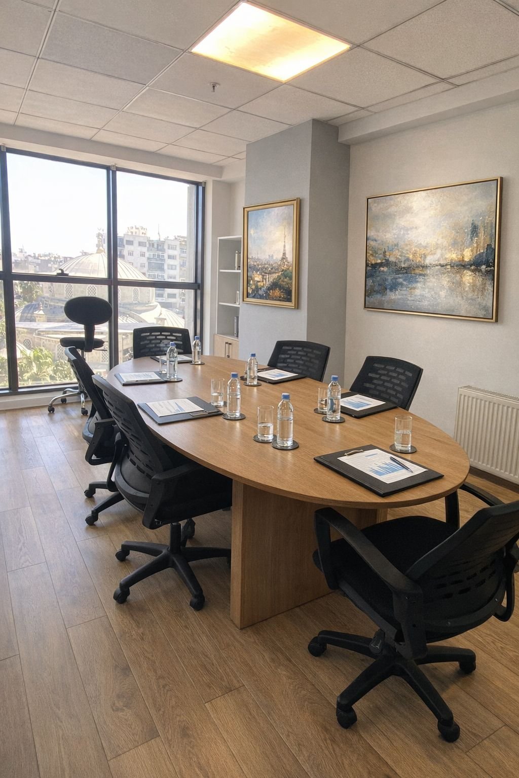 Panorama E-Ofis toplantı salonu; oval ahşap masa, sekiz toplantı koltuğu ve şehre bakan pencere