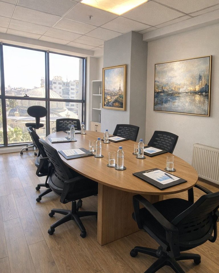 Panorama E-Ofis toplantı salonu; oval ahşap masa, sekiz toplantı koltuğu ve şehre bakan pencere